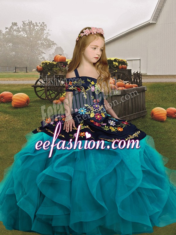 Inexpensive Teal Ball Gowns Straps Sleeveless Tulle Floor Length Lace Up Embroidery and Ruffles Pageant Dress for Teens