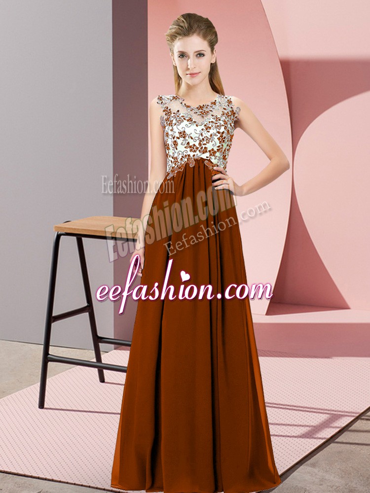 Dynamic Sleeveless Chiffon Floor Length Zipper Wedding Guest Dresses in Brown with Beading and Appliques