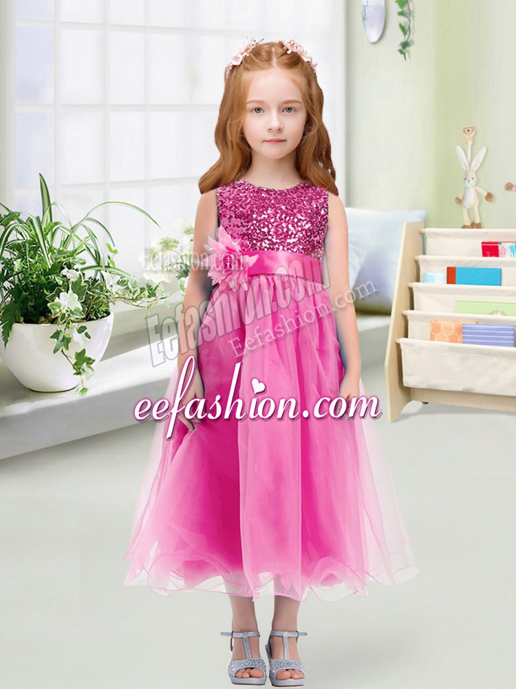 Exquisite Rose Pink Zipper Scoop Sequins and Hand Made Flower Toddler Flower Girl Dress Organza Sleeveless