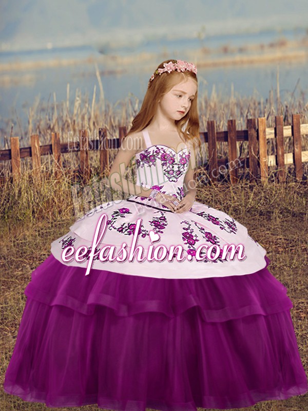  Floor Length Side Zipper Little Girls Pageant Dress Fuchsia for Party and Wedding Party with Embroidery