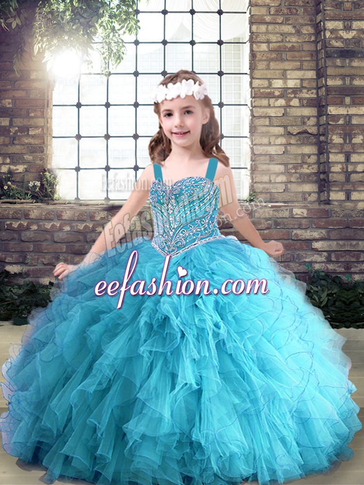 Charming Floor Length Aqua Blue Little Girls Pageant Dress Straps Sleeveless Lace Up