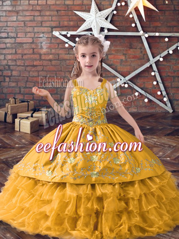  Gold Lace Up Little Girls Pageant Dress Wholesale Embroidery and Ruffled Layers Sleeveless Floor Length