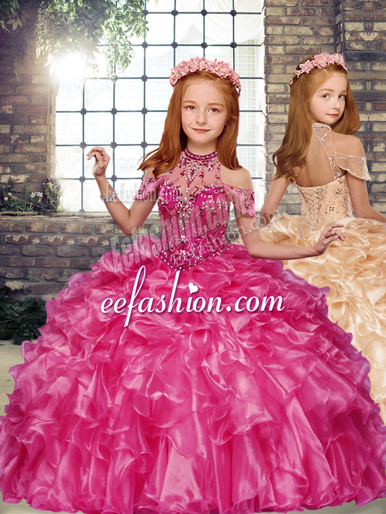 Customized Sleeveless Floor Length Beading and Ruffles Lace Up Little Girl Pageant Gowns with Hot Pink