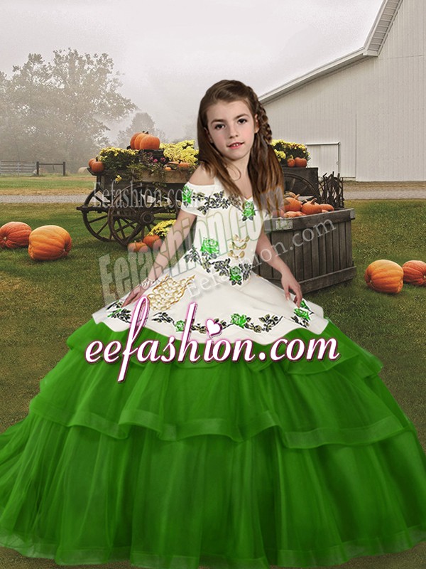  Green Ball Gowns Tulle Straps Sleeveless Embroidery and Ruffled Layers Floor Length Lace Up Kids Formal Wear
