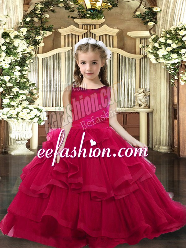  Sleeveless Tulle Floor Length Lace Up Pageant Gowns For Girls in Red with Ruffled Layers