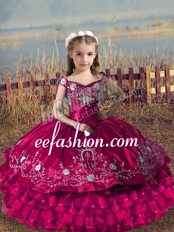  Fuchsia Sleeveless Satin and Organza Lace Up Little Girls Pageant Dress Wholesale for Wedding Party