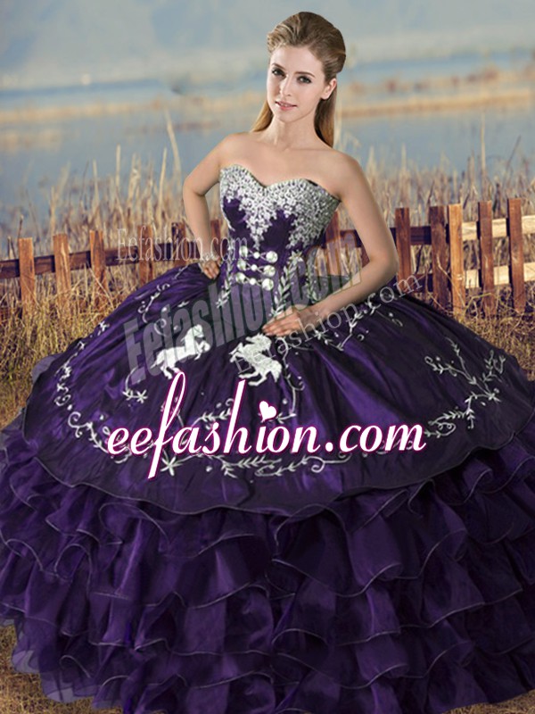  Purple Ball Gowns Sweetheart Sleeveless Organza Floor Length Lace Up Embroidery and Ruffles Quince Ball Gowns