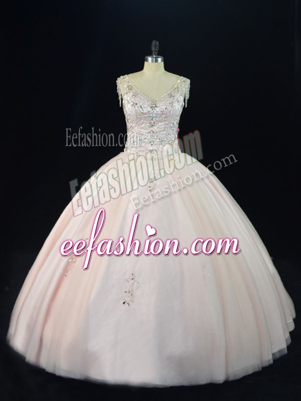 Exceptional Tulle V-neck Sleeveless Lace Up Beading 15 Quinceanera Dress in Pink 