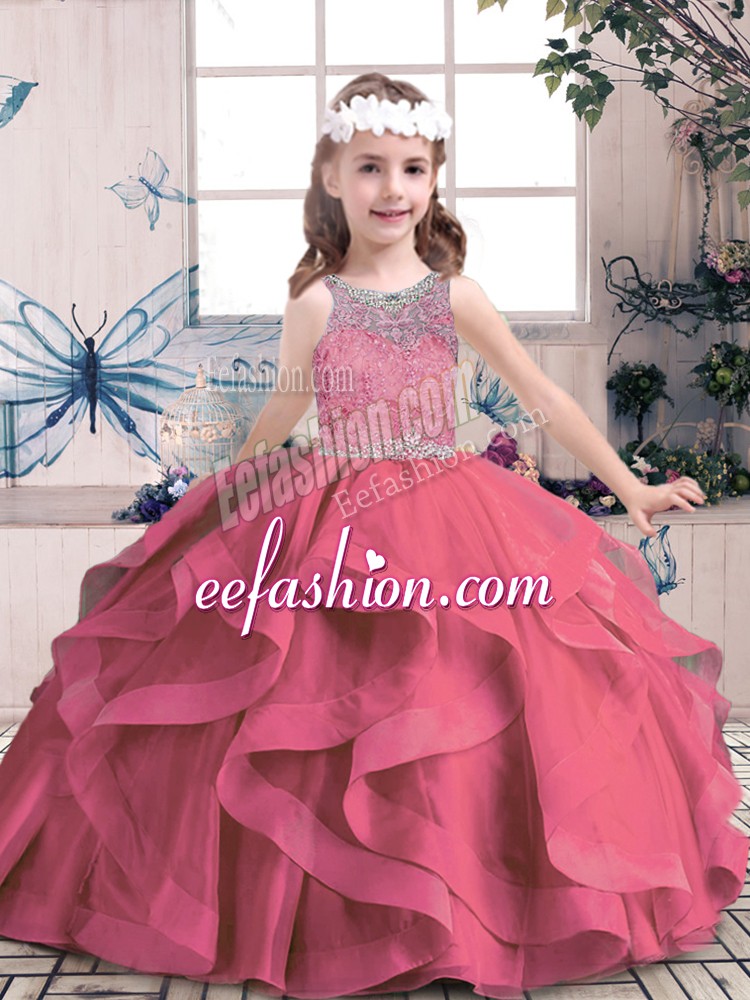 Eye-catching Red Lace Up Custom Made Pageant Dress Beading and Ruffles Sleeveless Floor Length