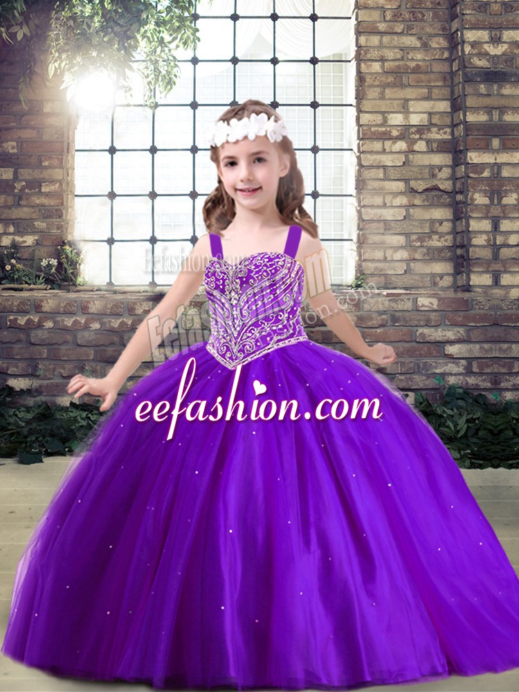 New Style Sleeveless Lace Up Floor Length Beading Little Girls Pageant Dress