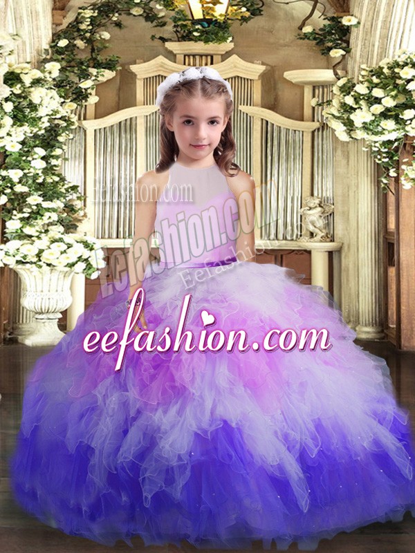 Customized Multi-color High-neck Backless Ruffles Little Girls Pageant Dress Wholesale Sleeveless