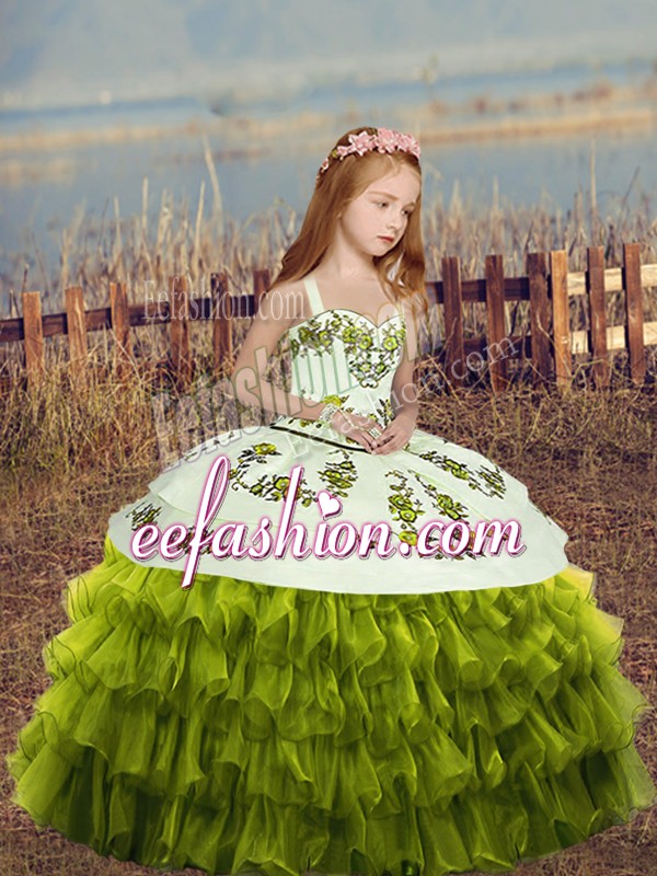 Attractive Embroidery and Ruffled Layers Little Girl Pageant Dress Green Lace Up Sleeveless Floor Length