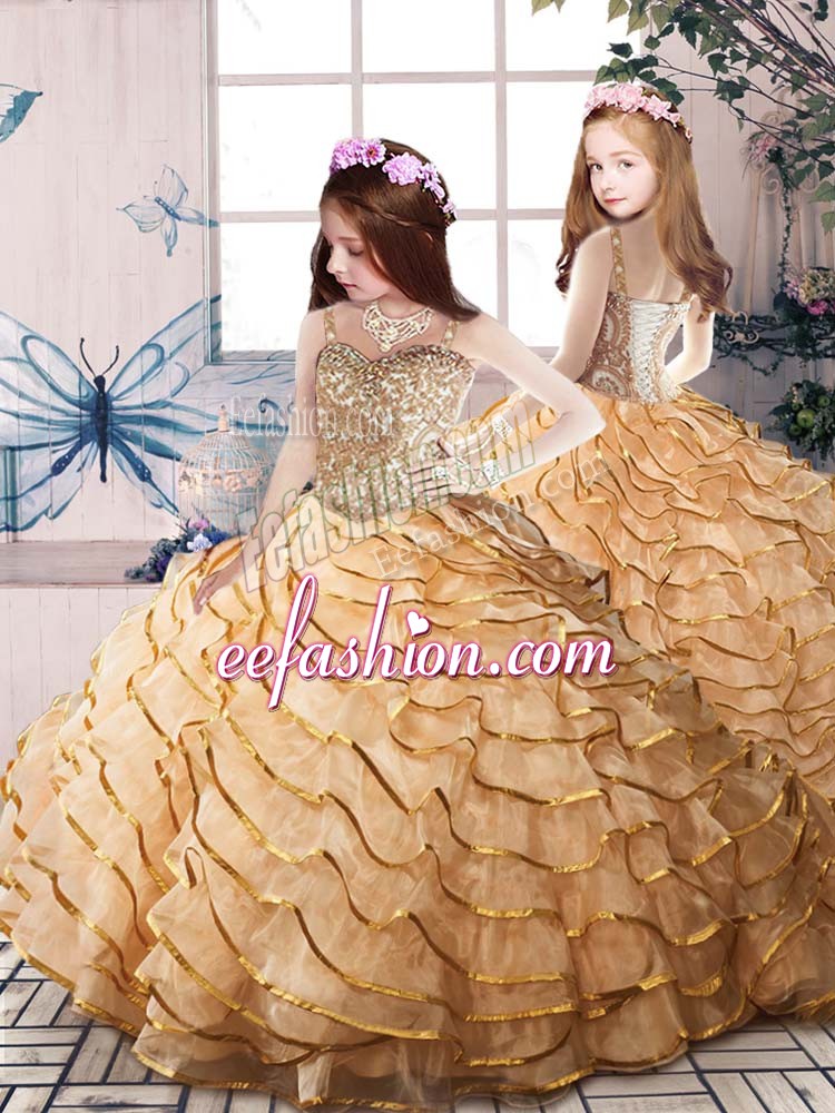  Lace Up Little Girls Pageant Dress Wholesale Gold for Party and Sweet 16 and Wedding Party with Beading and Ruffled Layers Court Train