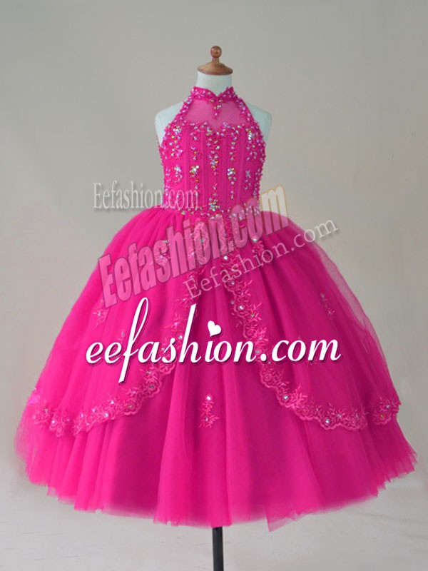  High-neck Sleeveless Little Girl Pageant Gowns Floor Length Beading and Appliques Fuchsia Tulle