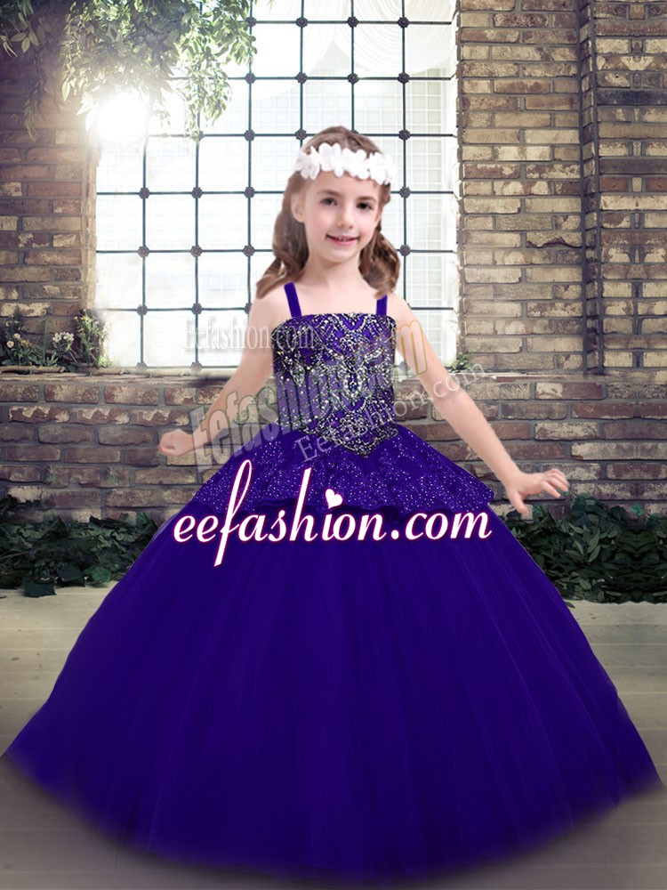 Purple Tulle Lace Up Straps Sleeveless Floor Length Pageant Dress for Teens Beading