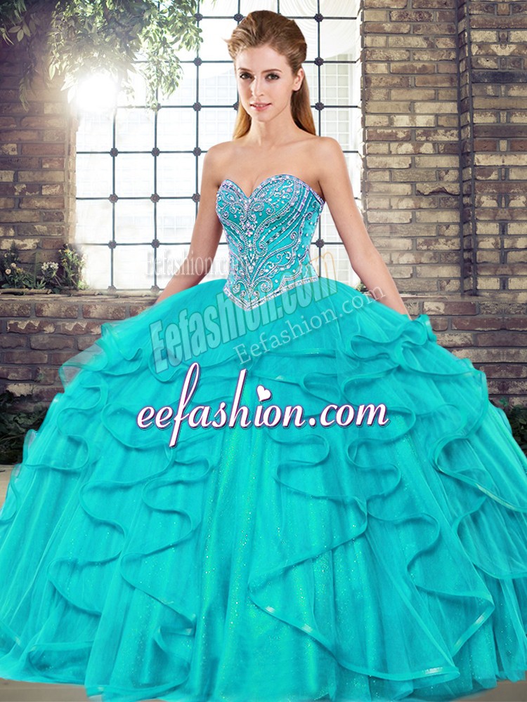  Floor Length Lace Up 15th Birthday Dress Aqua Blue for Military Ball and Sweet 16 and Quinceanera with Beading and Ruffles