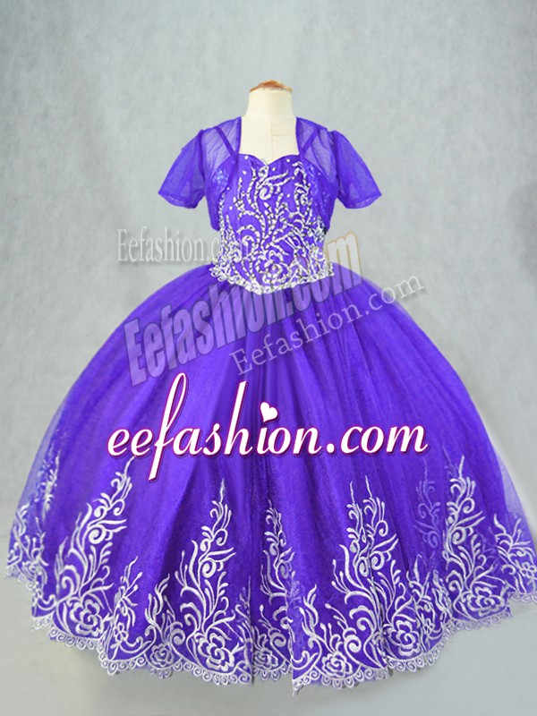 On Sale Spaghetti Straps Sleeveless Lace Up Pageant Gowns For Girls Purple Tulle