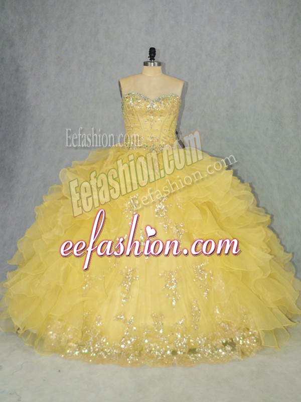 Dazzling Yellow Lace Up 15 Quinceanera Dress Appliques and Ruffles Sleeveless Floor Length