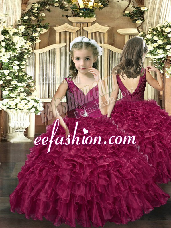  Burgundy Sleeveless Organza Backless Girls Pageant Dresses for Party and Wedding Party