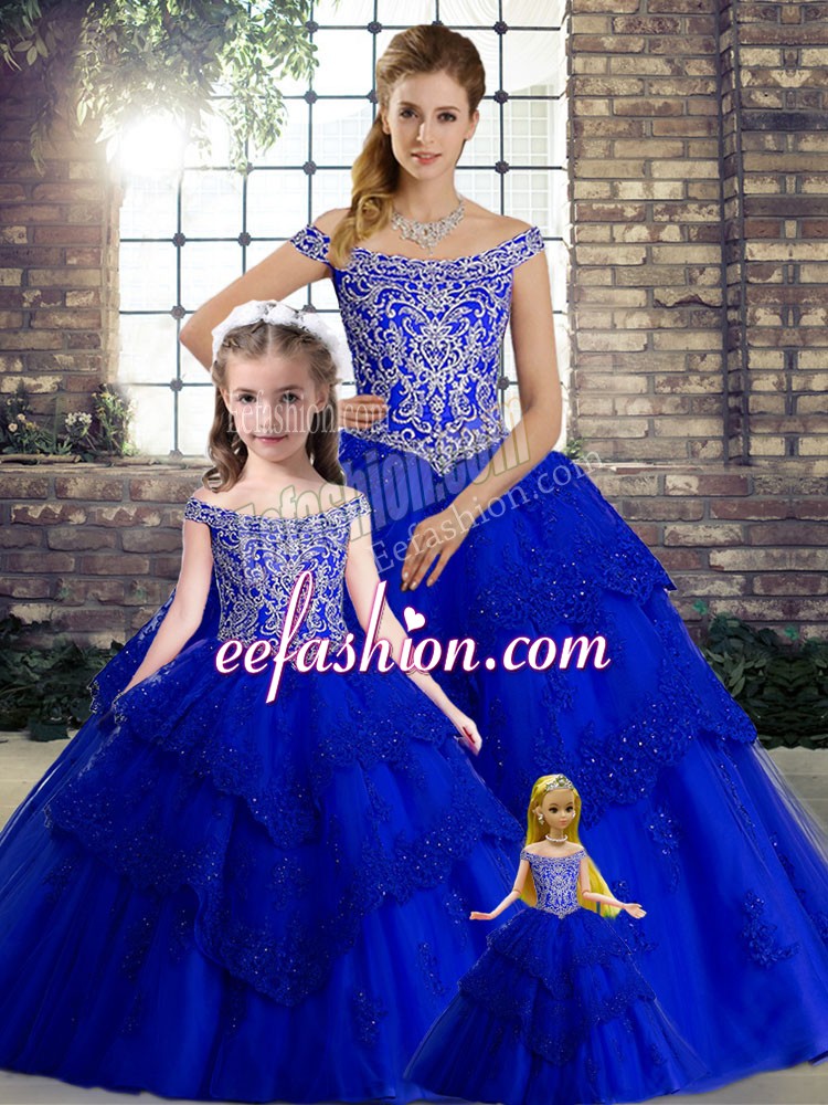  Ball Gowns Sleeveless Royal Blue Quinceanera Gown Brush Train Lace Up