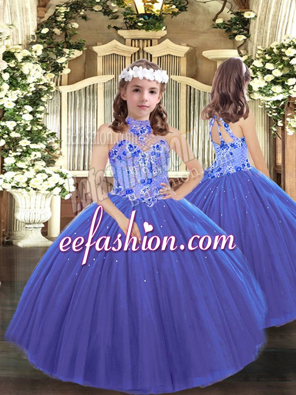  Halter Top Sleeveless Little Girls Pageant Dress Wholesale Floor Length Appliques Blue Tulle