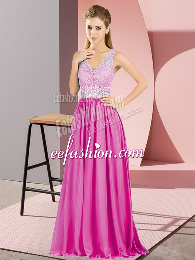  Sleeveless Chiffon Criss Cross Prom Evening Gown in Hot Pink with Beading and Lace