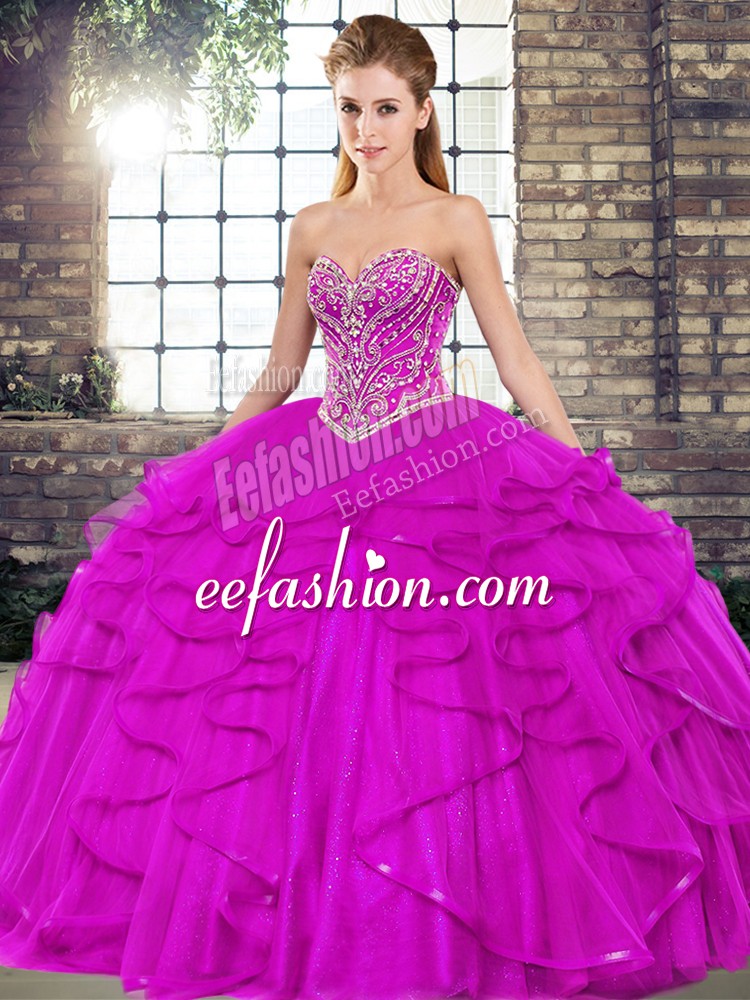  Sleeveless Tulle Floor Length Lace Up Quinceanera Dresses in Fuchsia with Beading and Ruffles