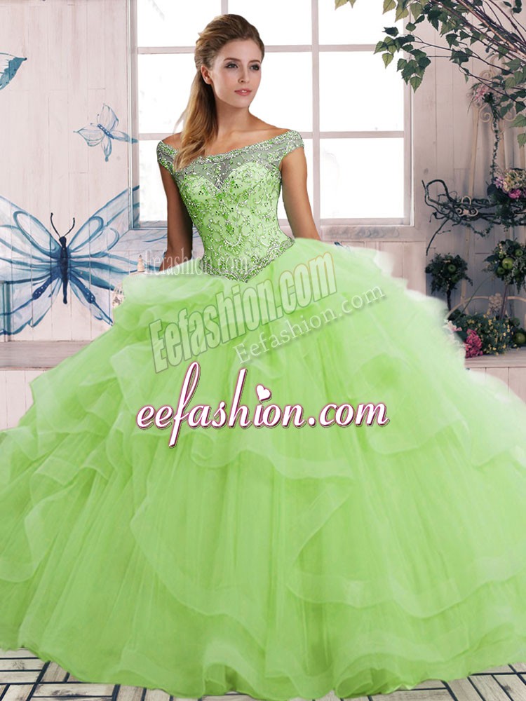  Yellow Green Tulle Lace Up Quince Ball Gowns Sleeveless Floor Length Beading and Ruffles