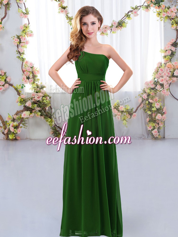 Inexpensive Sleeveless Floor Length Ruching Zipper Wedding Guest Dresses with Dark Green