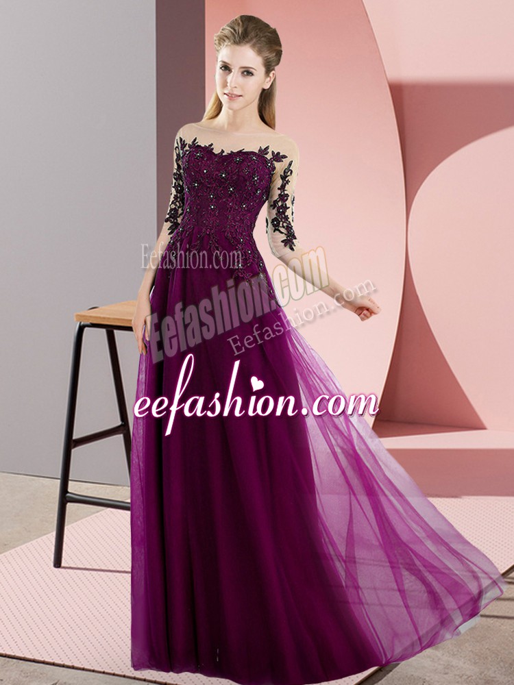 Edgy Fuchsia Chiffon Lace Up Bateau Half Sleeves Floor Length Quinceanera Dama Dress Beading and Lace