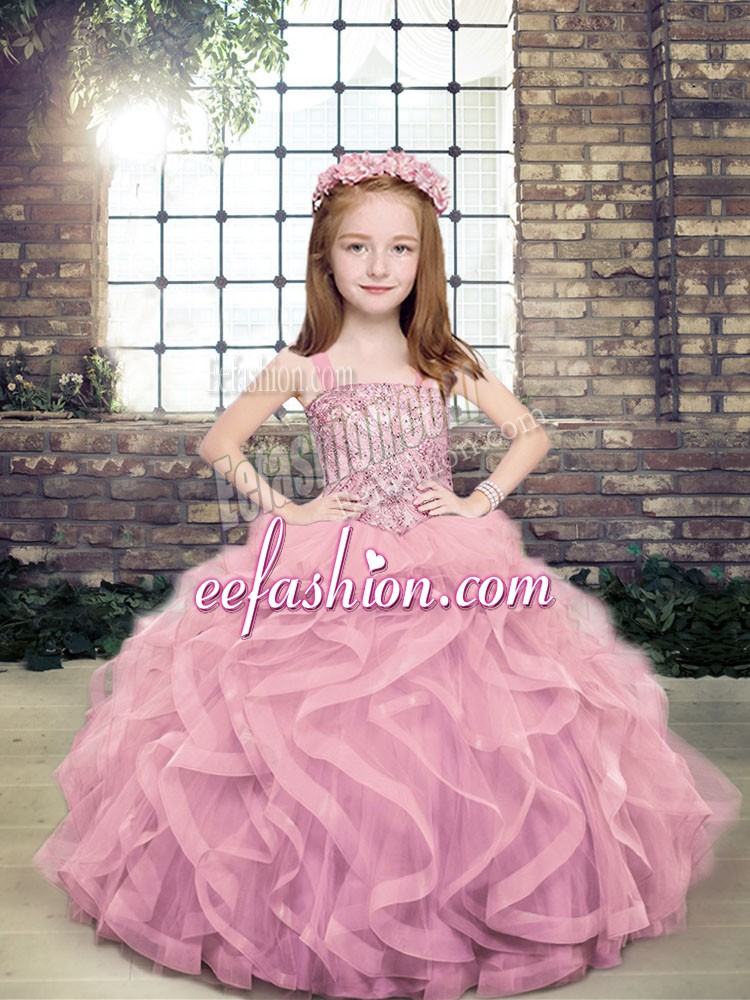Beauteous Lilac Sleeveless Tulle Lace Up Kids Pageant Dress for Party and Wedding Party