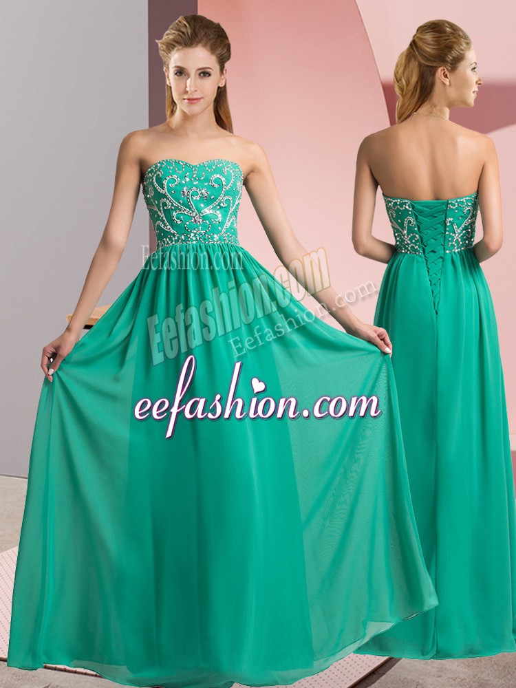  Sleeveless Floor Length Beading Lace Up Evening Dress with Turquoise