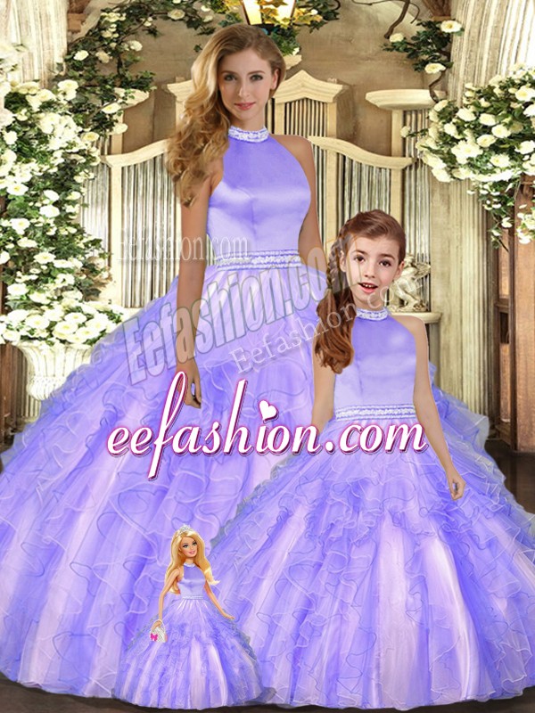 Custom Design Tulle Halter Top Sleeveless Backless Beading and Ruffles Quinceanera Gown in Lavender