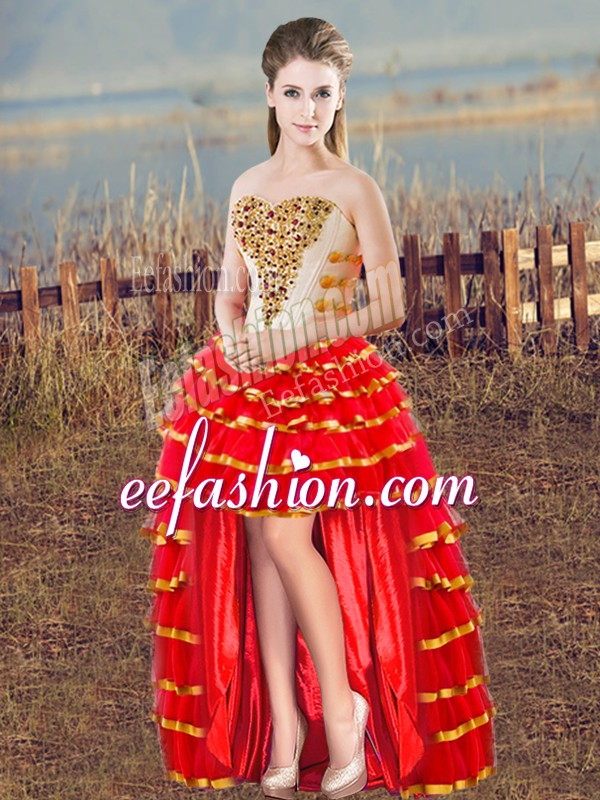  Red Evening Dress Prom and Party and Military Ball with Beading and Ruffled Layers Sweetheart Sleeveless Lace Up