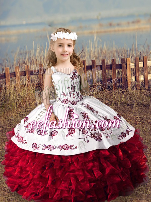  Wine Red Straps Lace Up Embroidery and Ruffles Kids Formal Wear Sleeveless