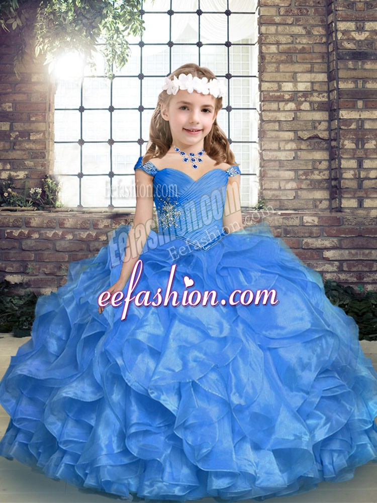  Blue Straps Lace Up Beading and Ruffles and Ruching Glitz Pageant Dress Sleeveless