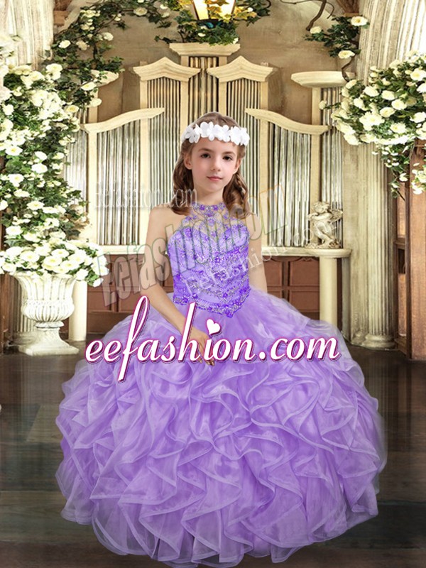  Lavender Ball Gowns Halter Top Sleeveless Organza Floor Length Lace Up Beading and Ruffles Little Girl Pageant Dress