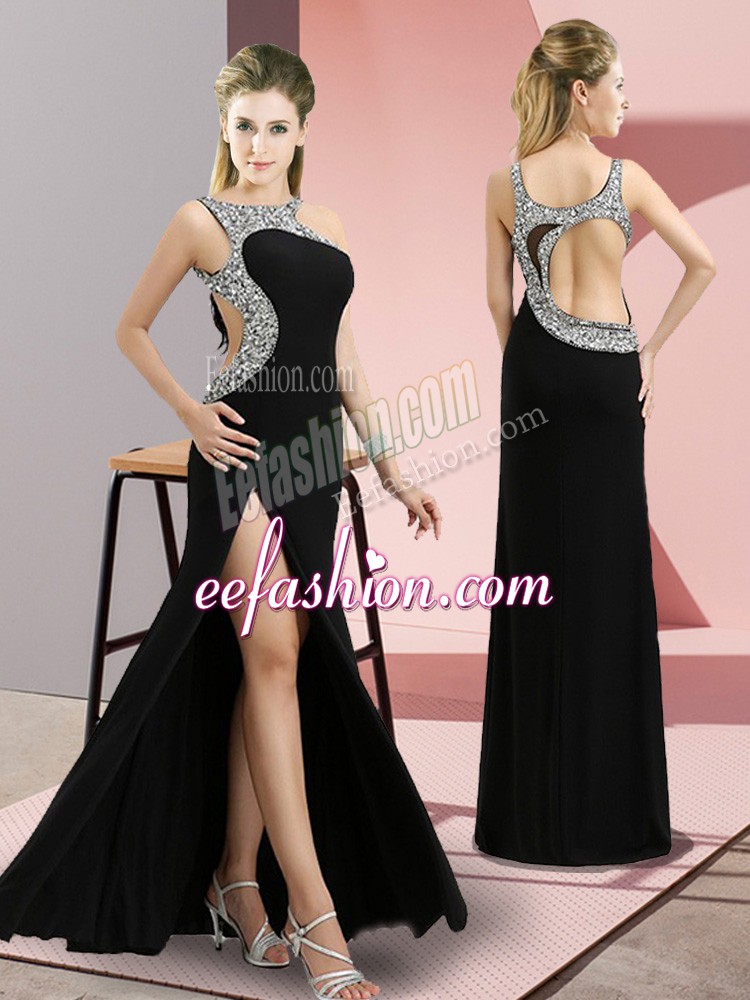  Black Backless Prom Dress Beading Sleeveless Floor Length