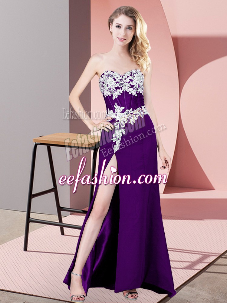  Purple Sleeveless Lace and Appliques Floor Length Prom Evening Gown