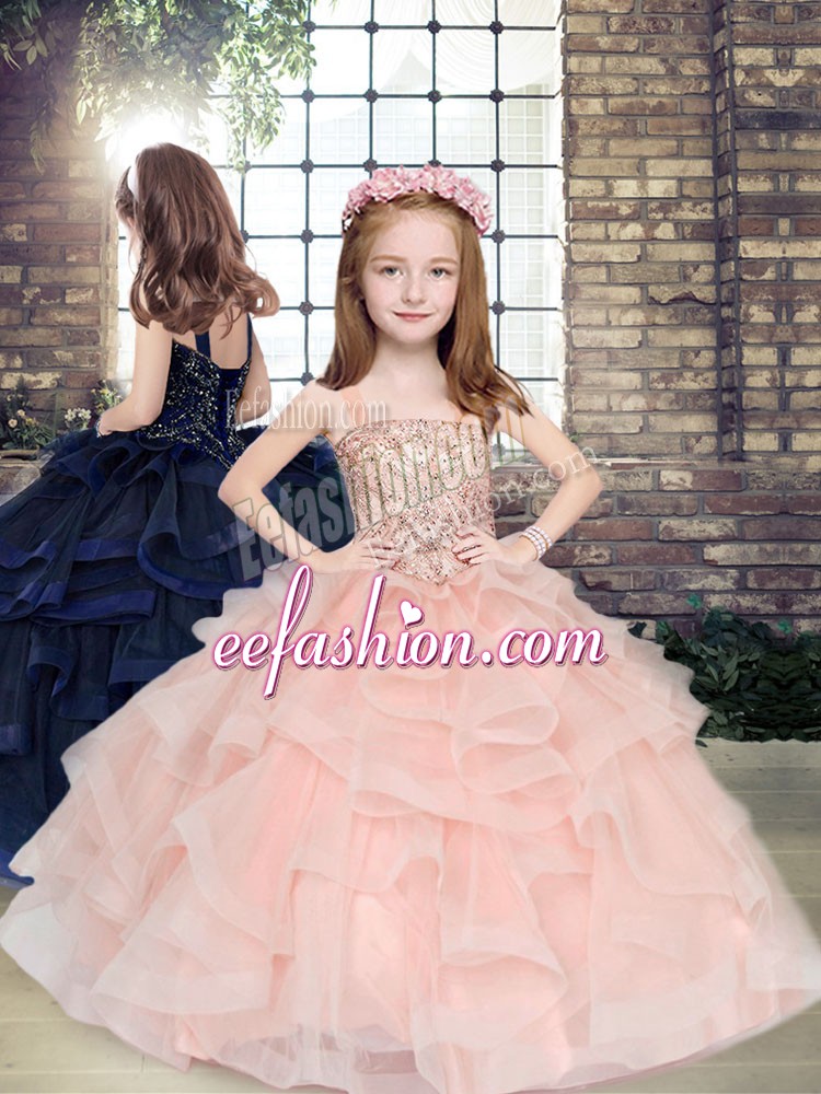  Straps Sleeveless Lace Up Little Girls Pageant Dress Wholesale Peach Tulle