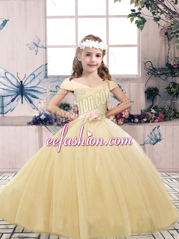 Fantastic Champagne Ball Gowns Tulle Off The Shoulder Sleeveless Lace and Belt Floor Length Lace Up Little Girls Pageant Dress Wholesale