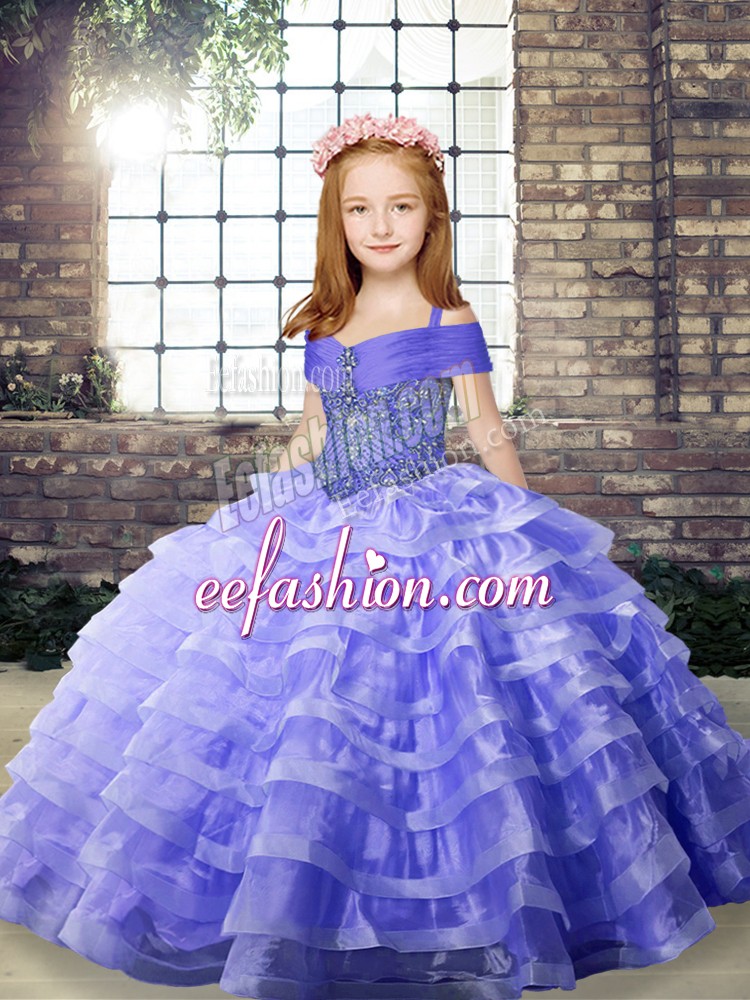 Classical Straps Sleeveless Evening Gowns Brush Train Beading and Ruffled Layers Lavender Organza