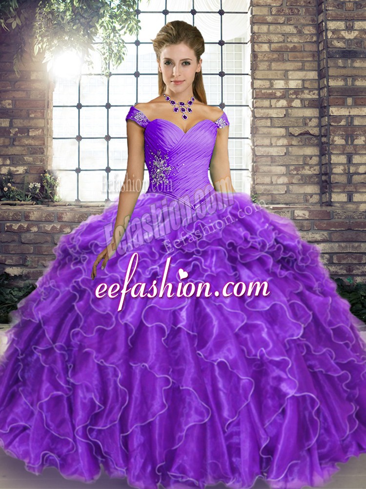  Lavender Off The Shoulder Neckline Beading and Ruffles Sweet 16 Dresses Sleeveless Lace Up