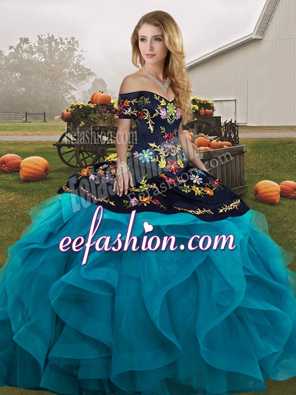  Floor Length Lace Up Sweet 16 Dresses Teal for Military Ball and Sweet 16 and Quinceanera with Embroidery and Ruffles