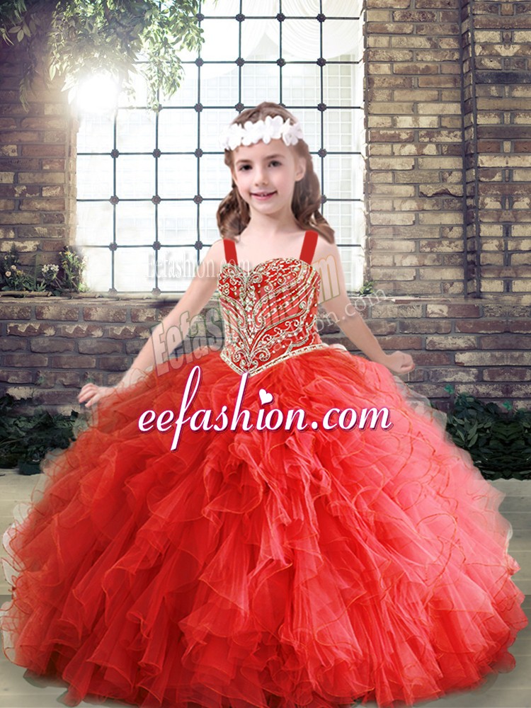  Red Ball Gowns Beading and Ruffles Little Girls Pageant Dress Lace Up Tulle Sleeveless Floor Length