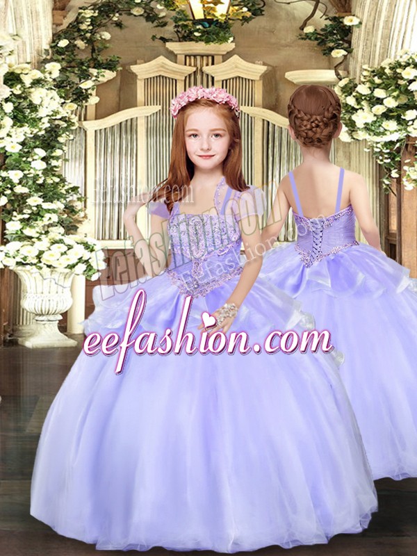 Sweet Straps Sleeveless Organza Pageant Gowns For Girls Beading Lace Up