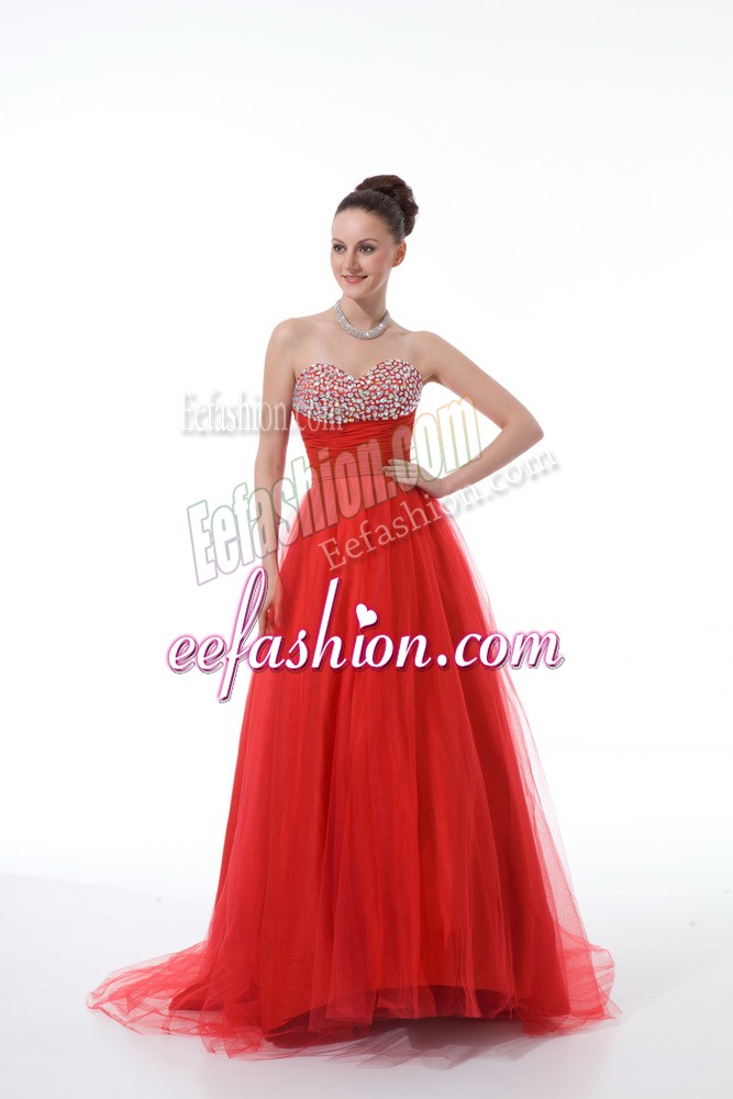 Captivating Sleeveless Beading Zipper Prom Gown with Red