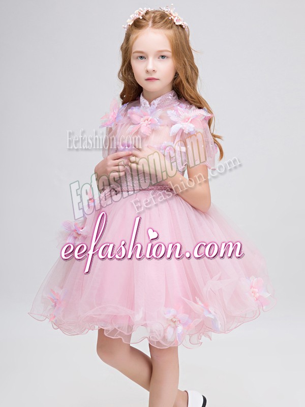 Perfect Baby Pink Flower Girl Dresses Wedding Party with Appliques High-neck Short Sleeves Zipper