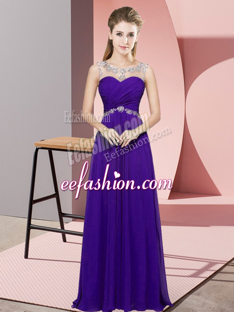  Purple Empire Chiffon Scoop Sleeveless Beading Floor Length Backless Homecoming Dress