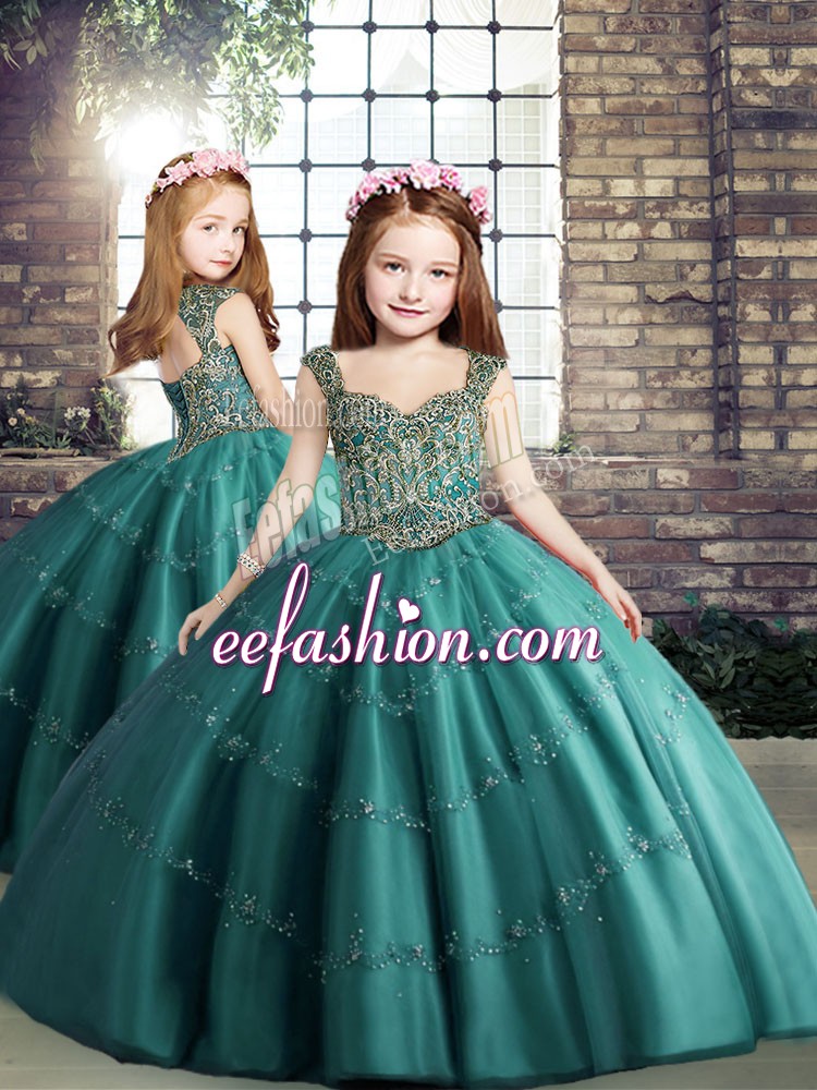 Fantastic Floor Length Ball Gowns Sleeveless Teal Little Girls Pageant Dress Lace Up